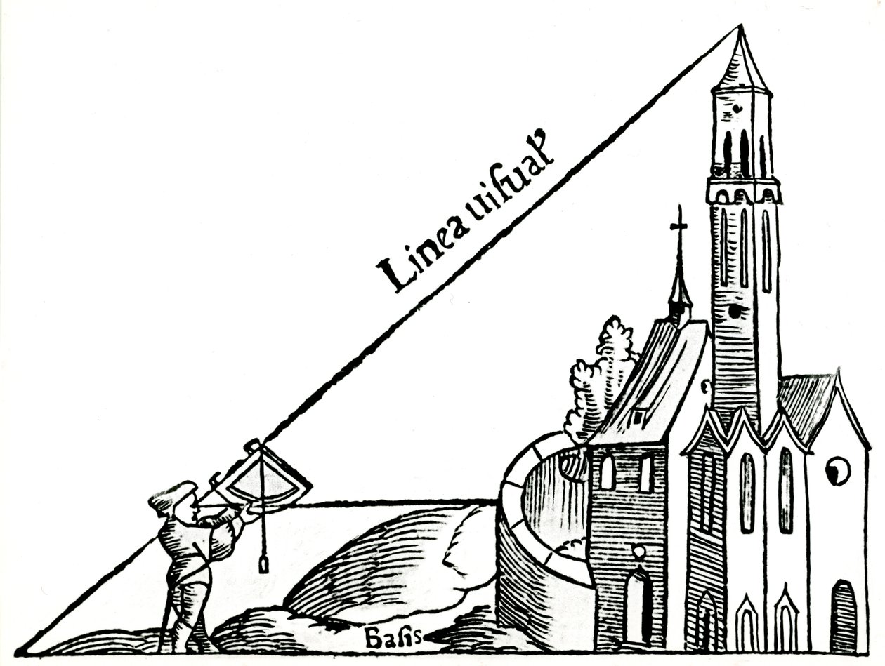 Använda en kvadrant med ett lod för att beräkna höjden på ett torn genom triangulering, 1551 av Unbekannt