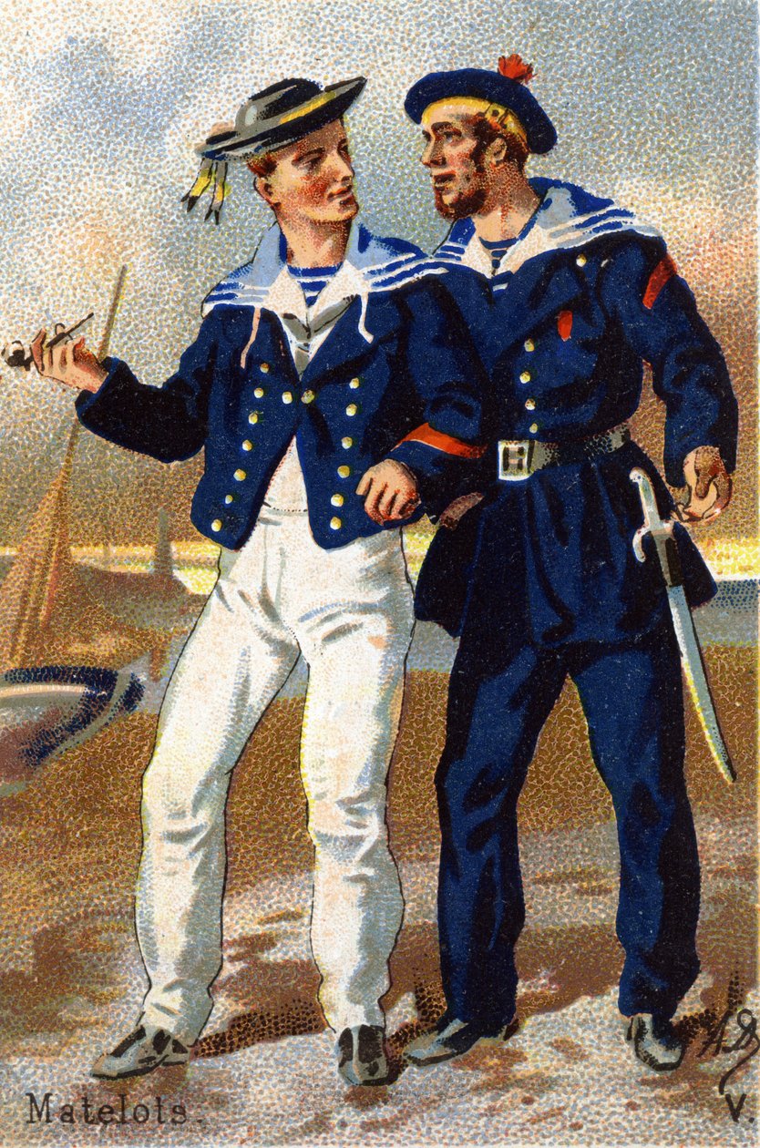 V: Sjömän. Gravyr i "Militäralfabetet". Illustratörens initialer: A. D. Okänd utgivare. Kromolitografier från slutet av 1800-talet. Mått: 10,5x7 cm. av Unbekannt