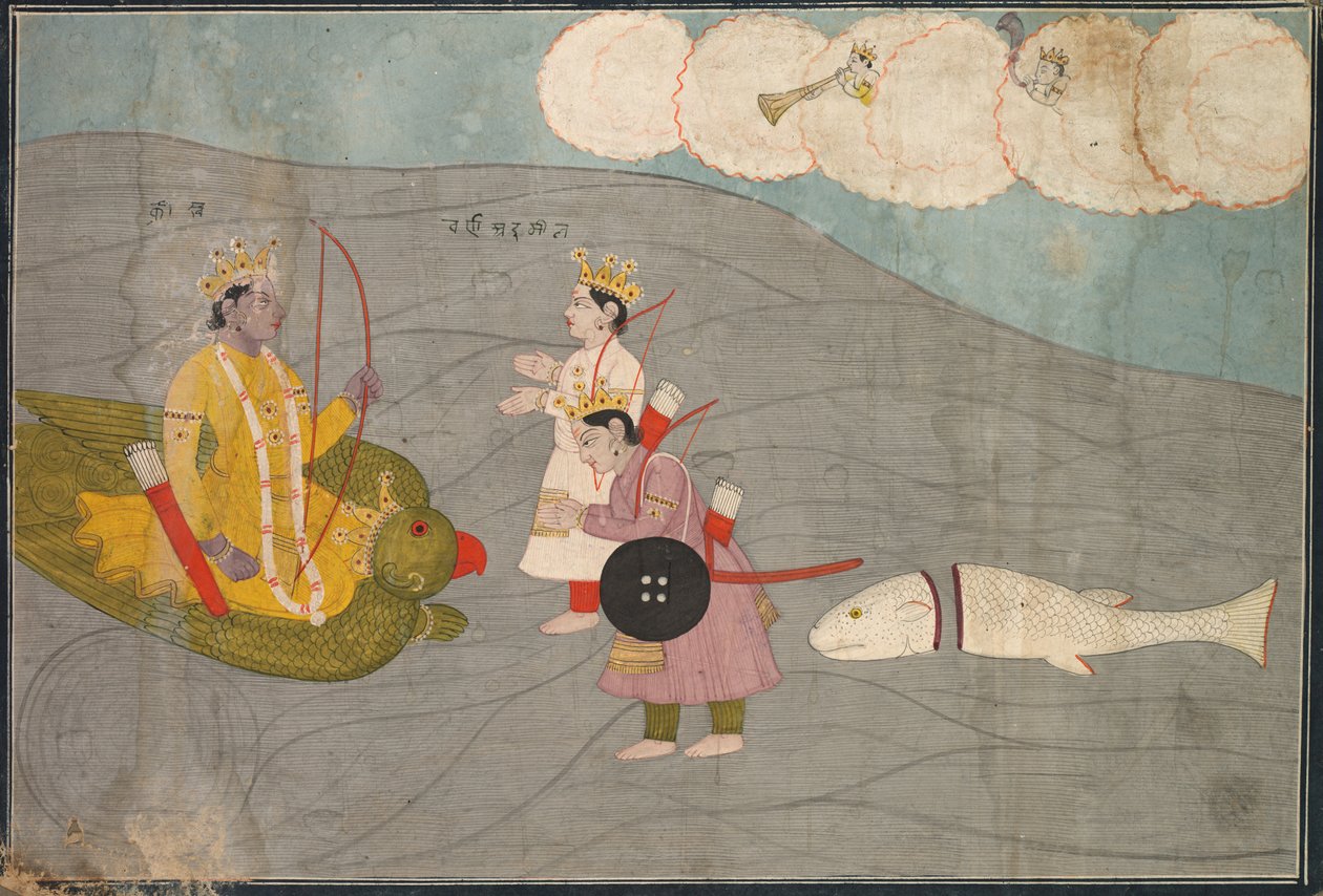 Vanasuras Sons Submit to Krishna: Scen från Aniruddha Usha-sektionen av Krishna Lila, ca. 1840. av Unbekannt
