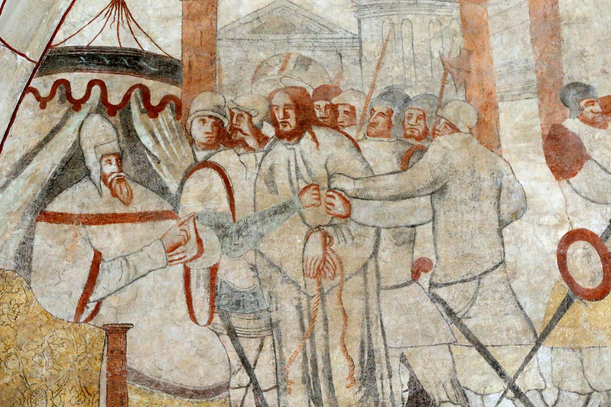 Vault de Lugny kyrka. 1500-tals väggmålning. Kristus i sin passion. Kristus inför Pilatus. Frankrike Â av Unbekannt