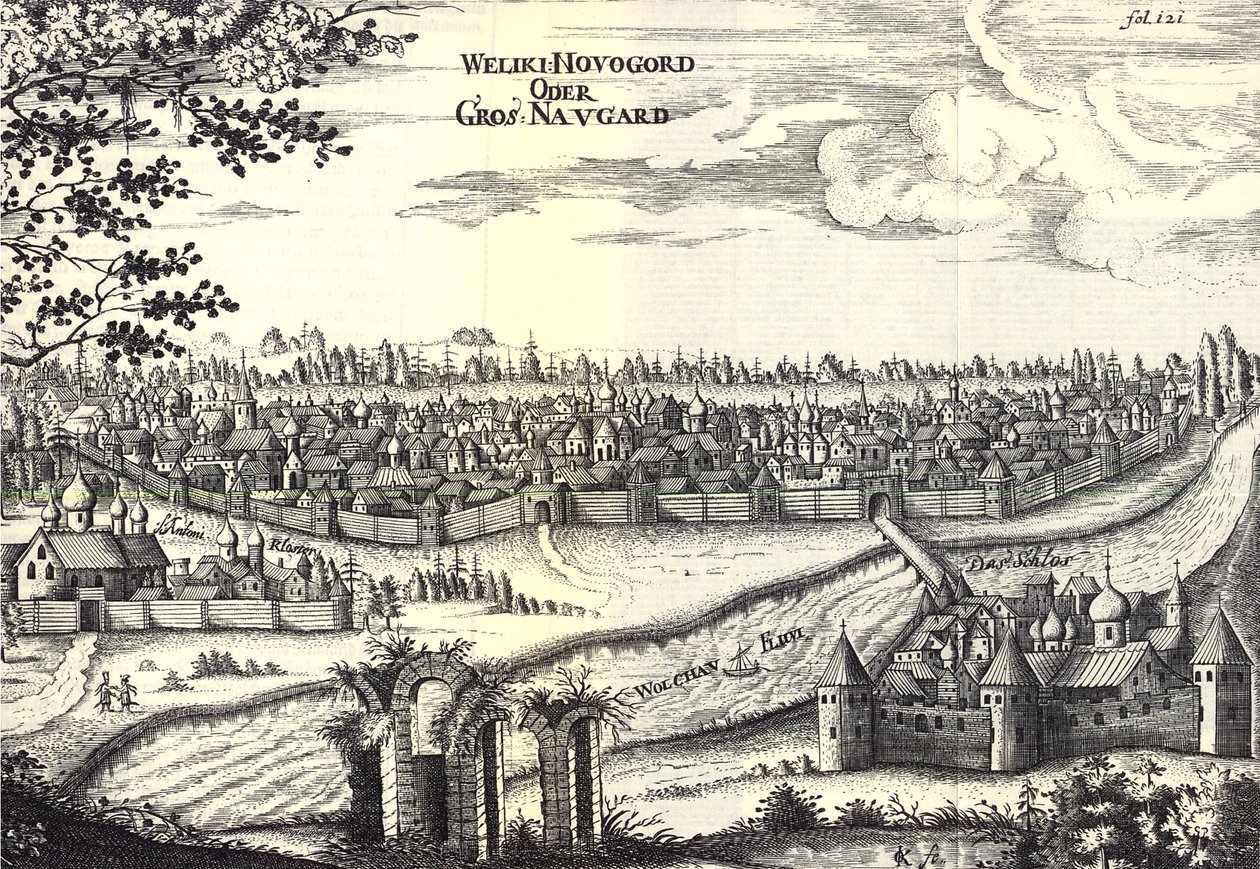 Velikiy Novgorod Illustration från resor till den store hertigen av Muscovy och kungen av Persien av Adam Olearius, 1656 av Unbekannt