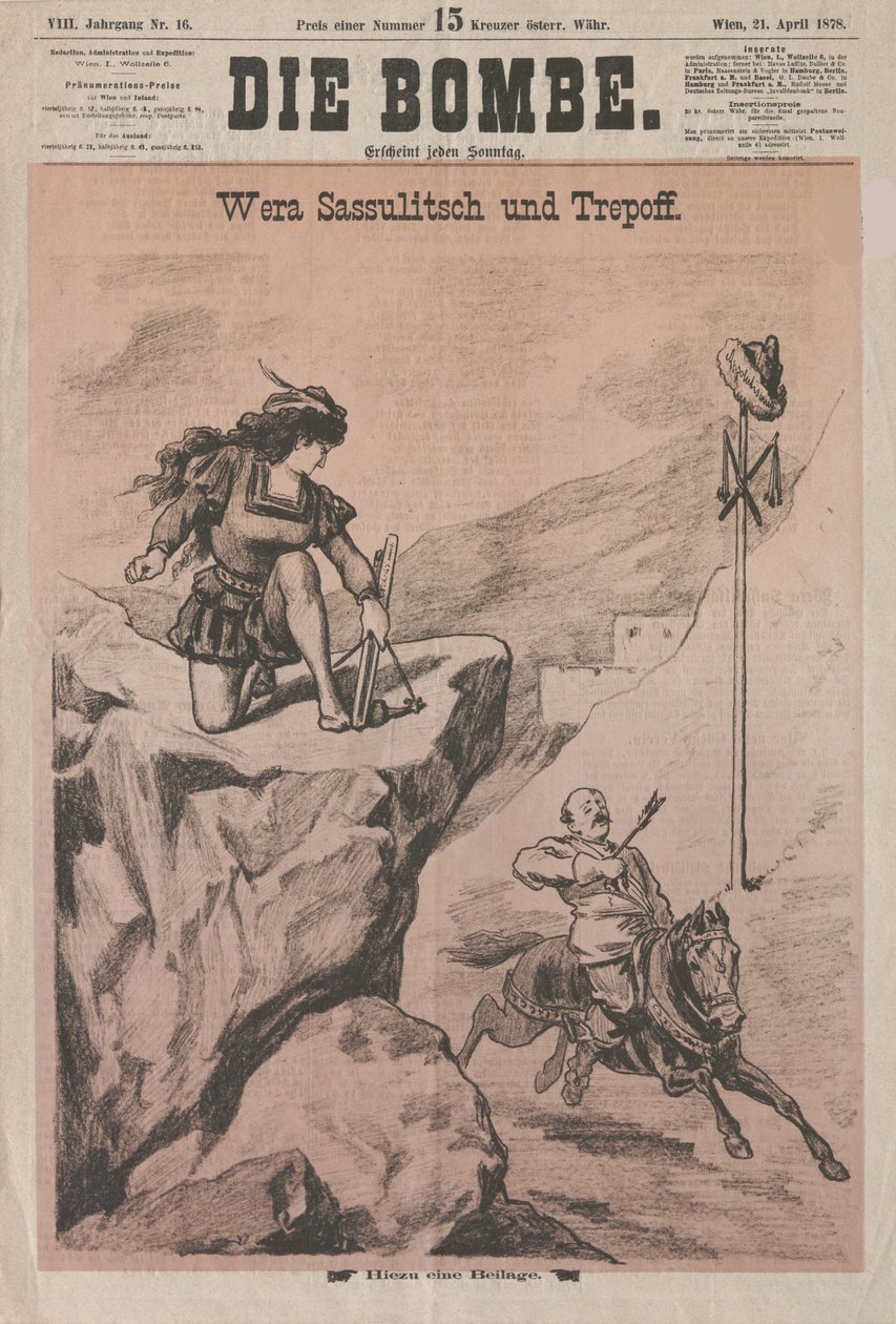 Vera Zasulich och Trepov Omslag till Die Bombe, 1878. av Unbekannt