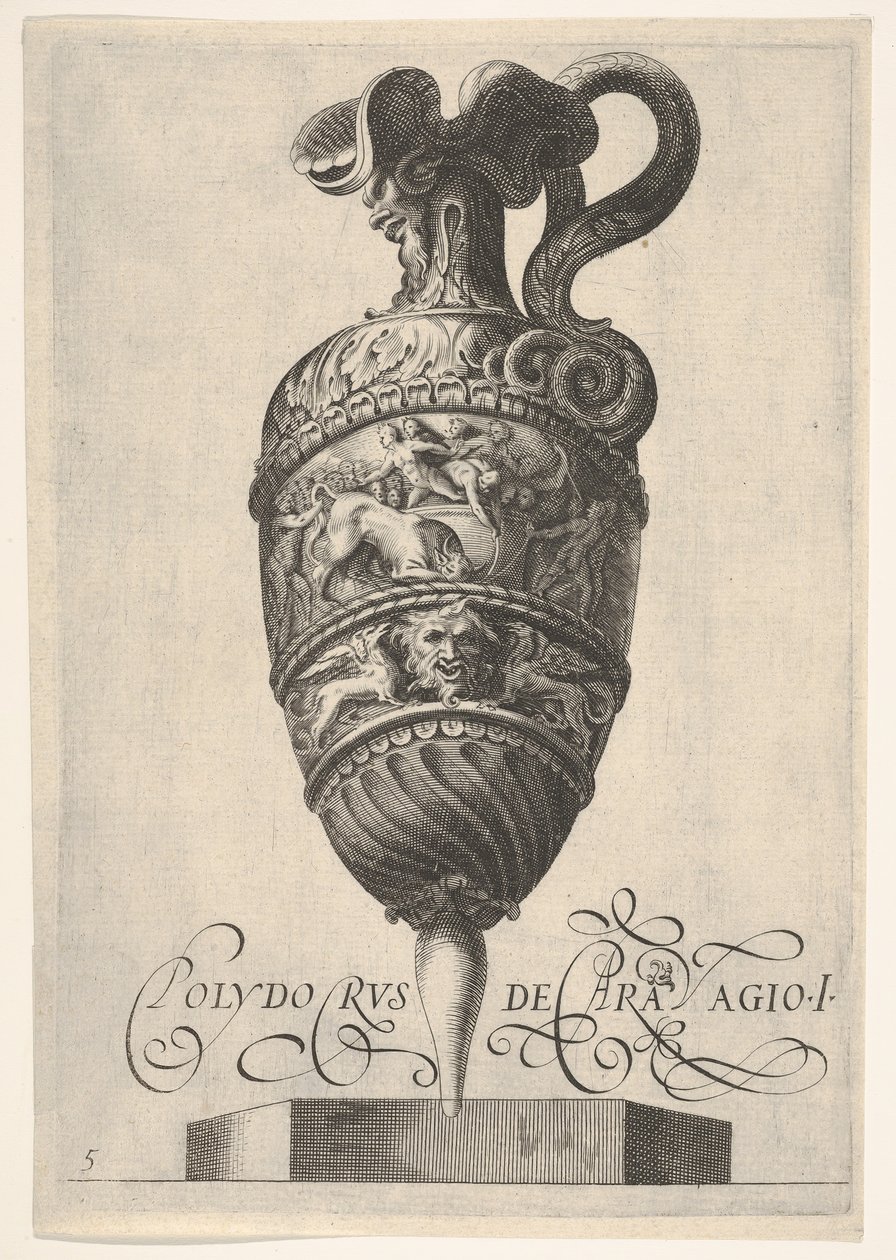 Fartyg med groteska masker, griffiner och en fris befolkad av en tjur och män i..., ca 1550-1600. av Unbekannt
