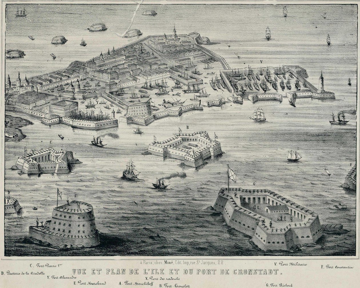 Utsikt och plan över ön och hamnen i Kronstadt, ca. 1850 av Unbekannt