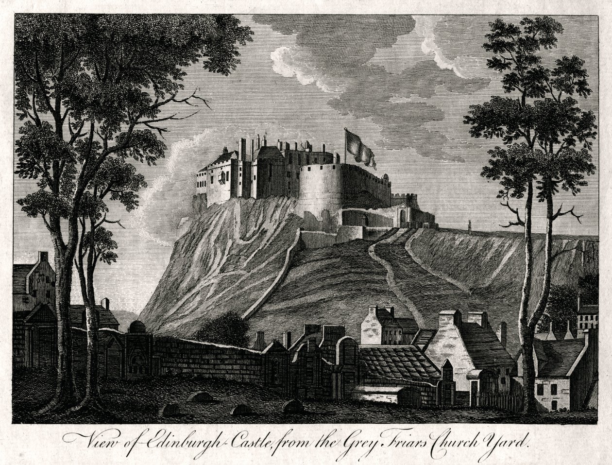 Utsikt över Edinburgh Castle, från Grey Friars Church Yard, 1700-talet av Unbekannt