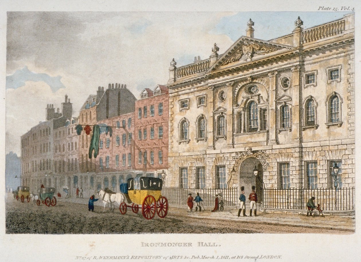 Utsikt över järnhandlarhallen och människor och en buss i Fenchurch Street, City of London, 1811 av Unbekannt