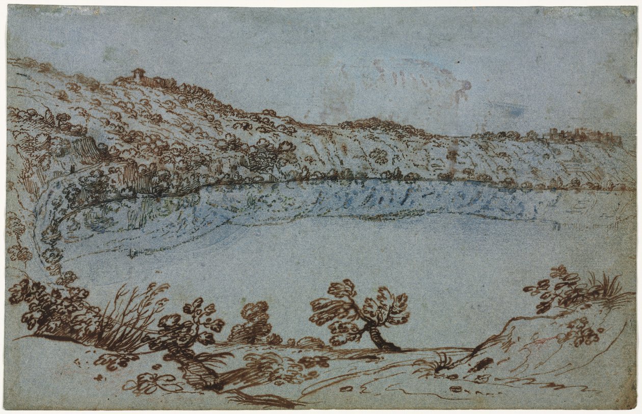 Utsikt över sjön Nemi recto Liten grupp av romerska ruiner verso, ca. 1650. av Unbekannt