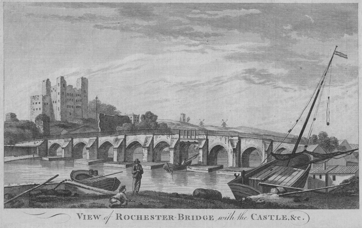 Utsikt över Rochester Bridge med slottet, etc, 1779. av Unbekannt