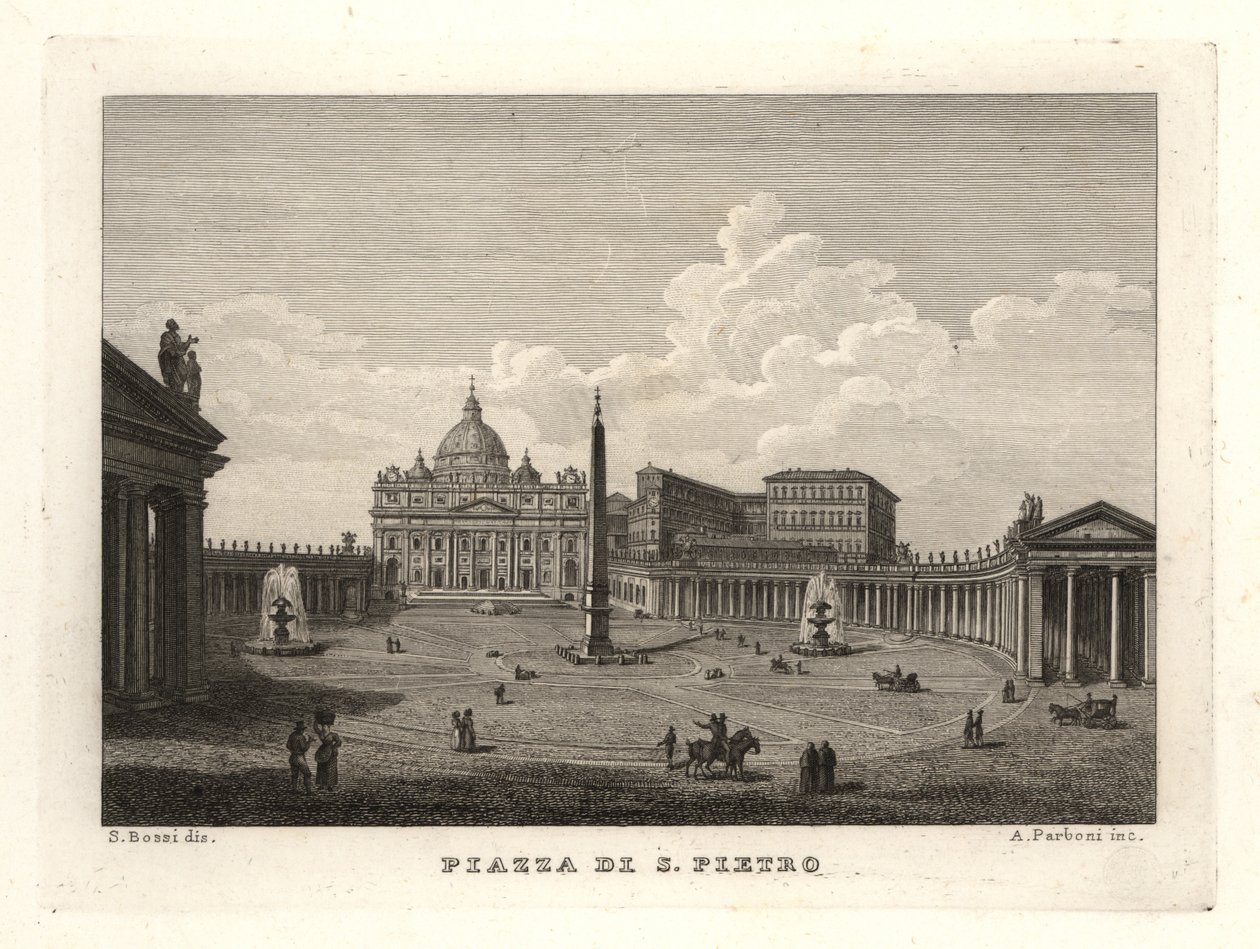 Utsikt över Petersplatsen, Piazza di S. Pietro, med Peterskyrkan och forntida egyptisk obelisk av Unbekannt