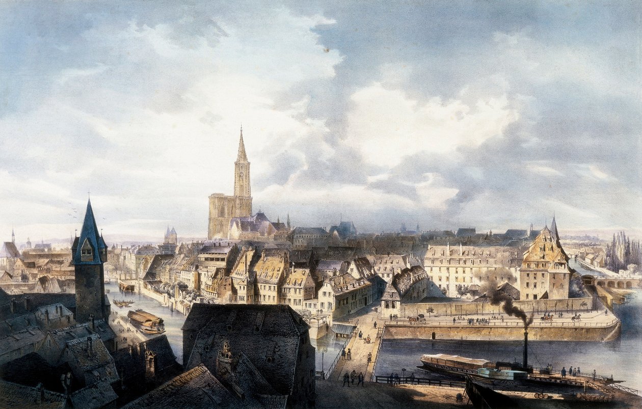 Vy över Strasbourg (Frankrike) från Saint Guillaume-tornet. Litografi i färger. av Unbekannt