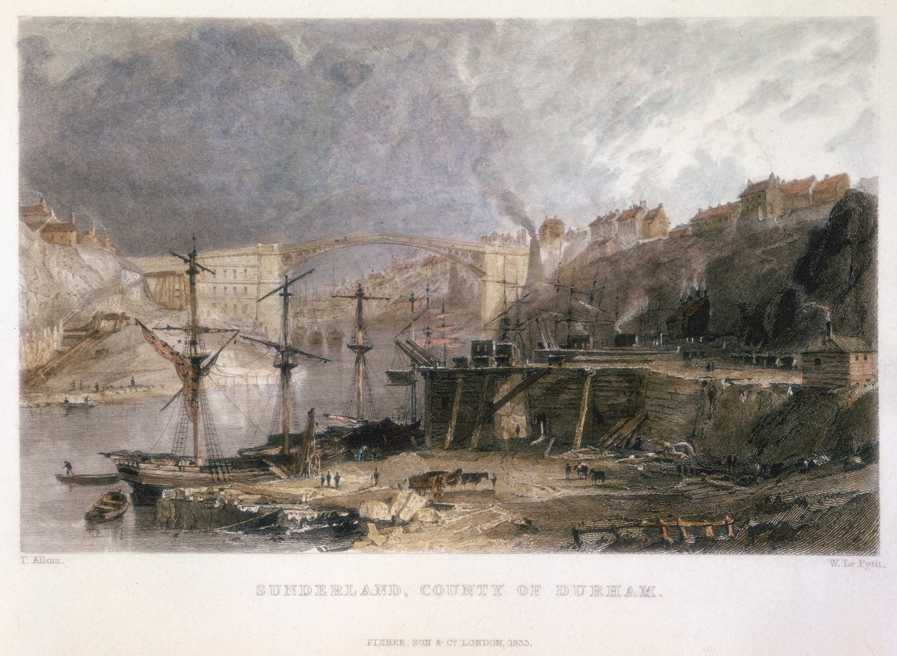 Utsikt över Sunderland och järnbron österut, 1833 av Unbekannt