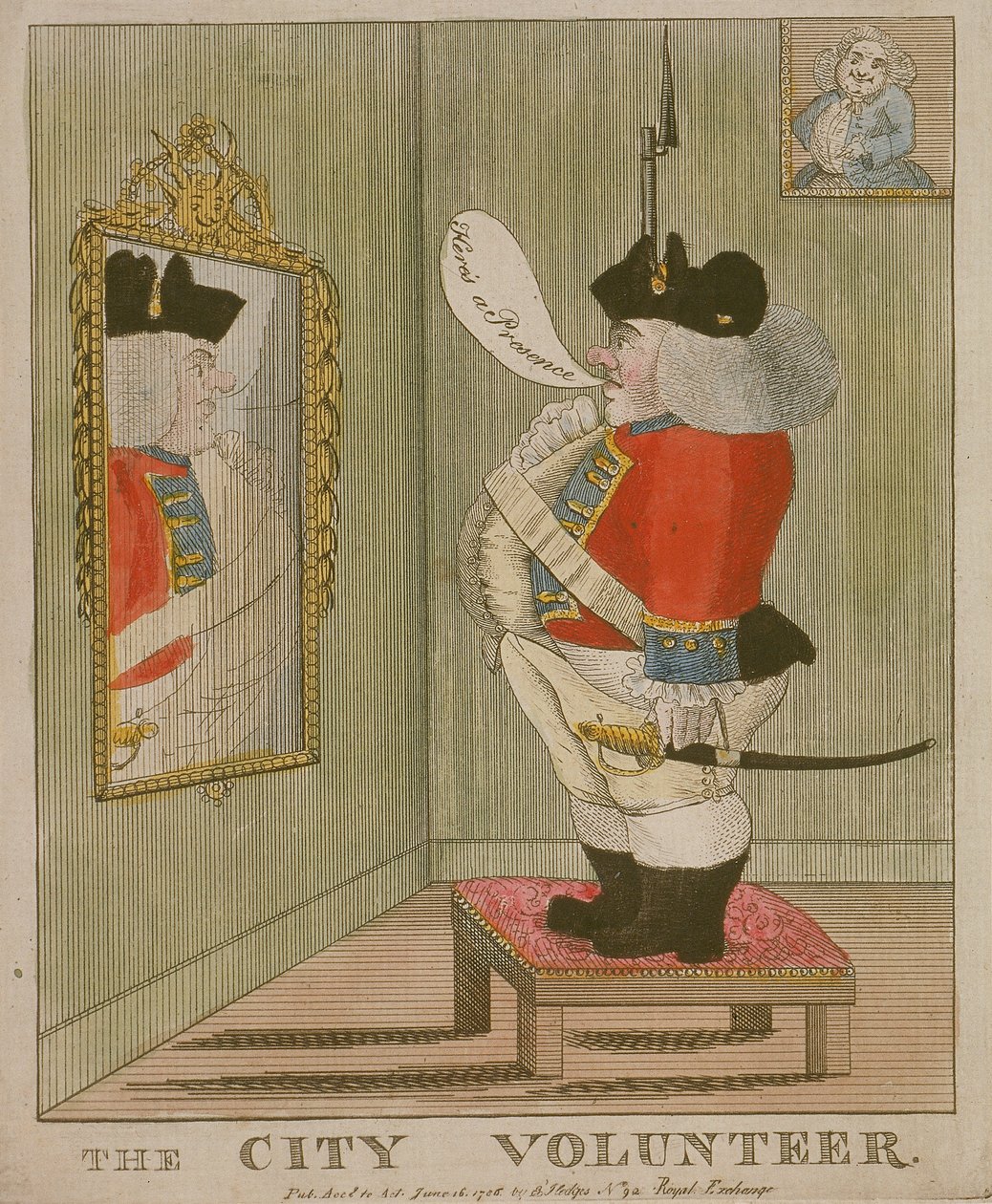 Vy över en portly cityvolontär som beundrar sig själv i spegeln, 1785 av Unbekannt