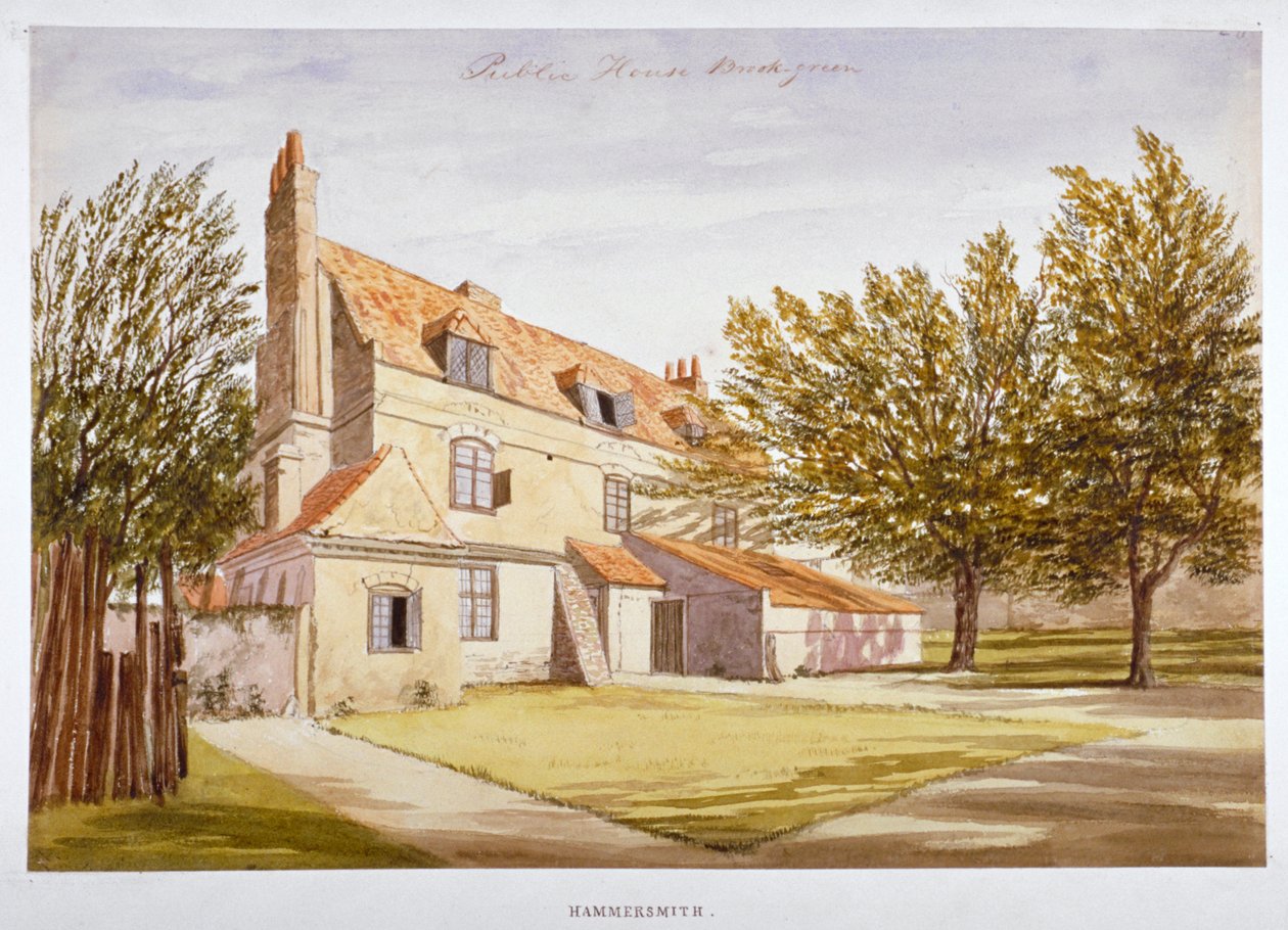 Utsikt över en pub, Brook Green, Hammersmith, London, c1820 av Unbekannt