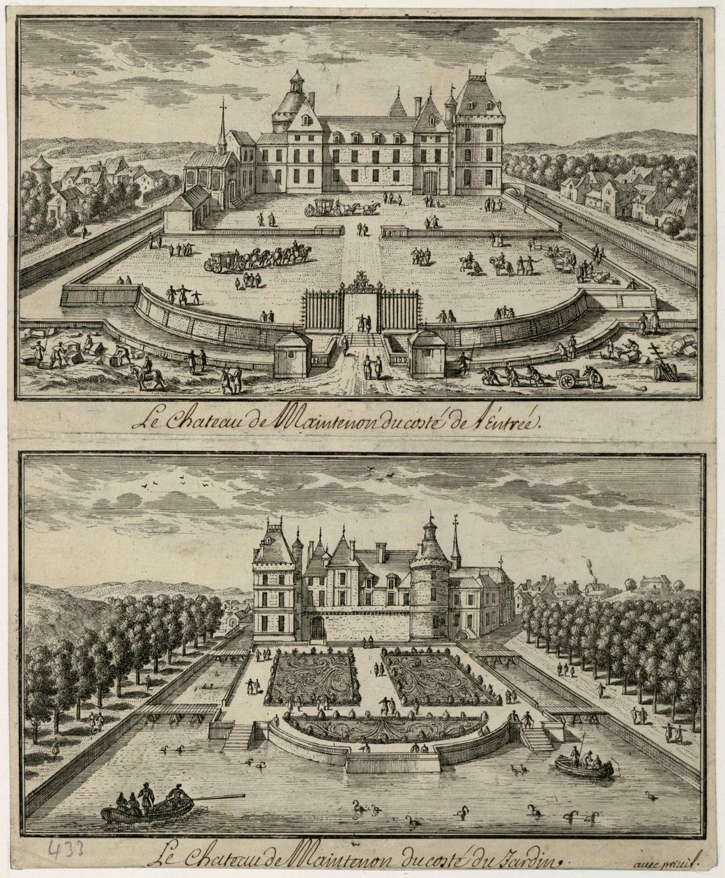 Utsikt över Château de Maintenon från entrén och från trädgården, 1600-talet. av Unbekannt