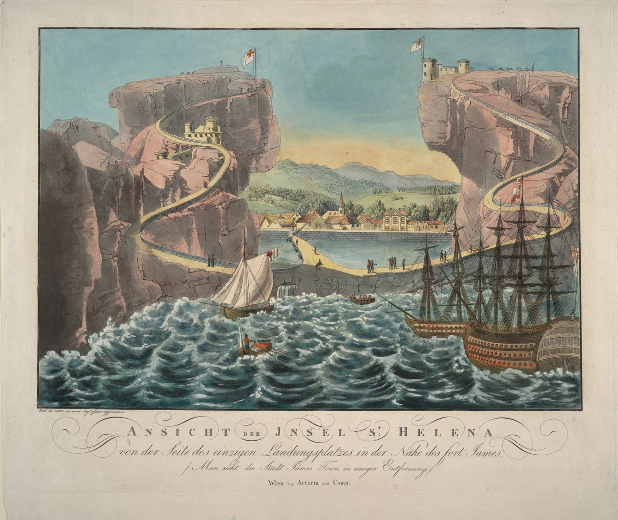 Utsikt över ön St. Helena från sidan av landningsplatsen nära Fort James, 1815 av Unbekannt