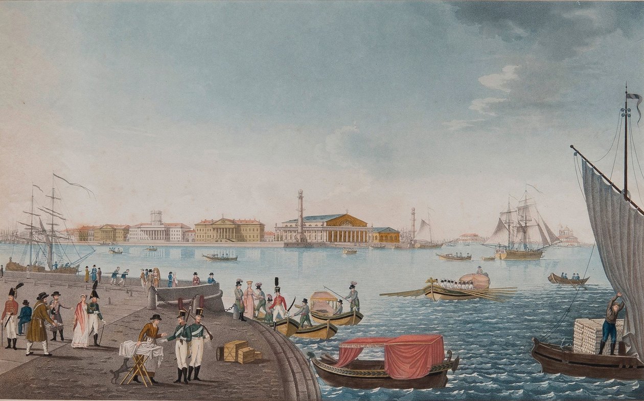 Utsikt över floden Neva och börsen i Sankt Petersburg, tidigt 1800-tal av Unbekannt