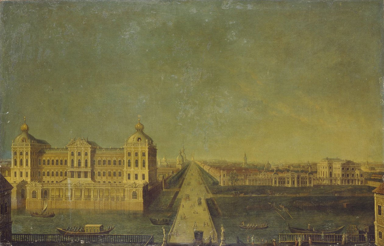 Utsikt över Nevsky Prospekt från Anichkovpalatset med Shuvalovs-huset, andra hälften av 1700-talet. av Unbekannt