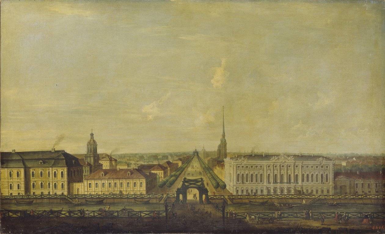 Utsikt över Nevsky Prospekt från polisbron med Stroganovpalatset, andra hälften av 1700-talet. av Unbekannt