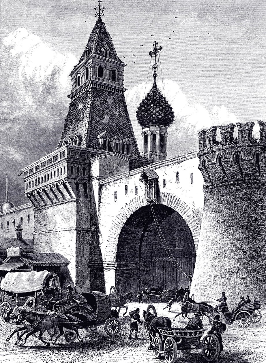 Utsikt över Nikolskaya-tornet och vapenhuset i Moskva, ca 1860 av Unbekannt
