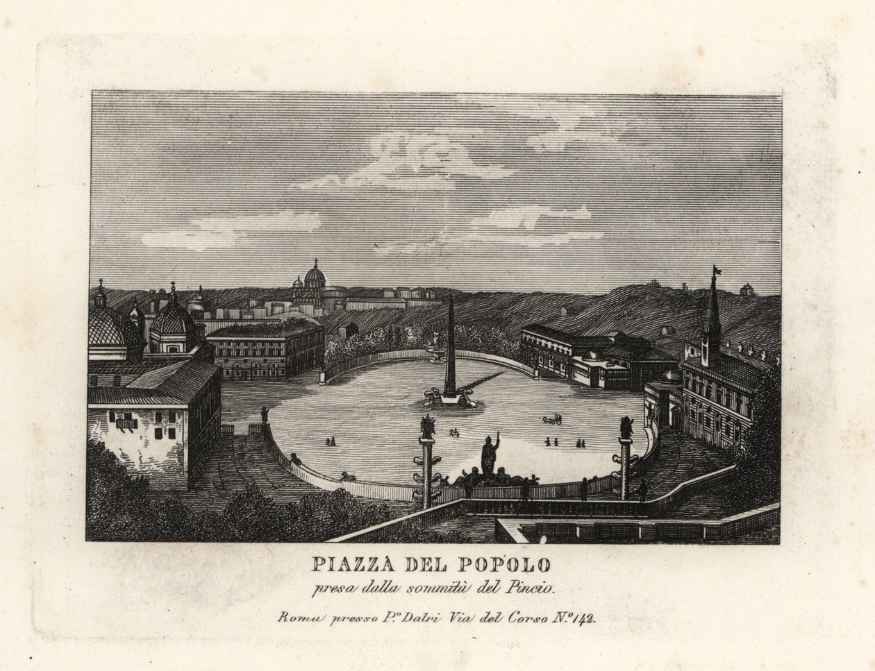 Utsikt över Piazza del Popolo, Place du Peuple, med en egyptisk obelisk av Rameses II från Heliopolis, från toppen av Pincian Hill, Rom av Unbekannt