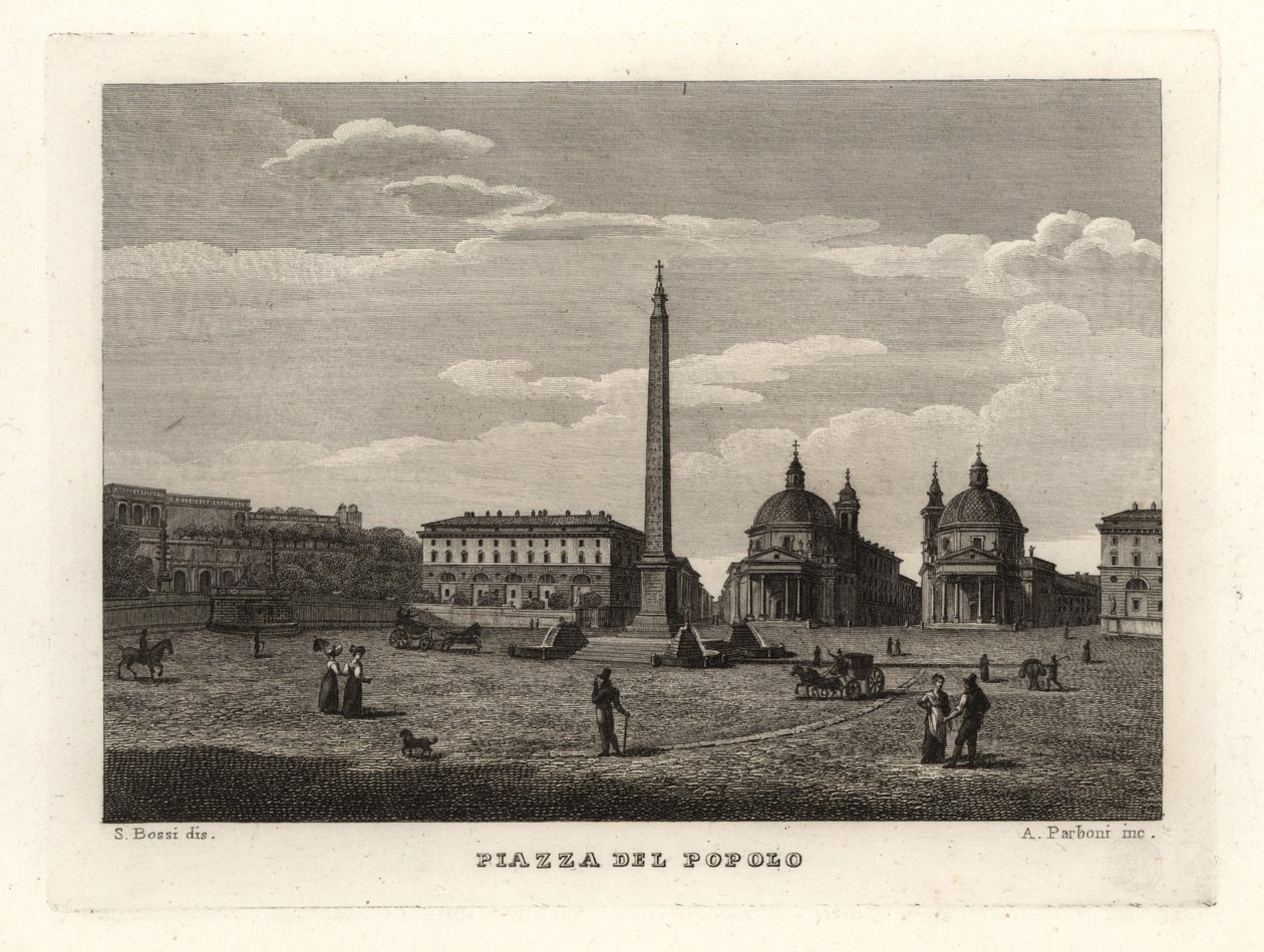 Utsikt över Piazza del Popolo, Rom, med forntida obelisk från Heliopolis, Egypten av Unbekannt