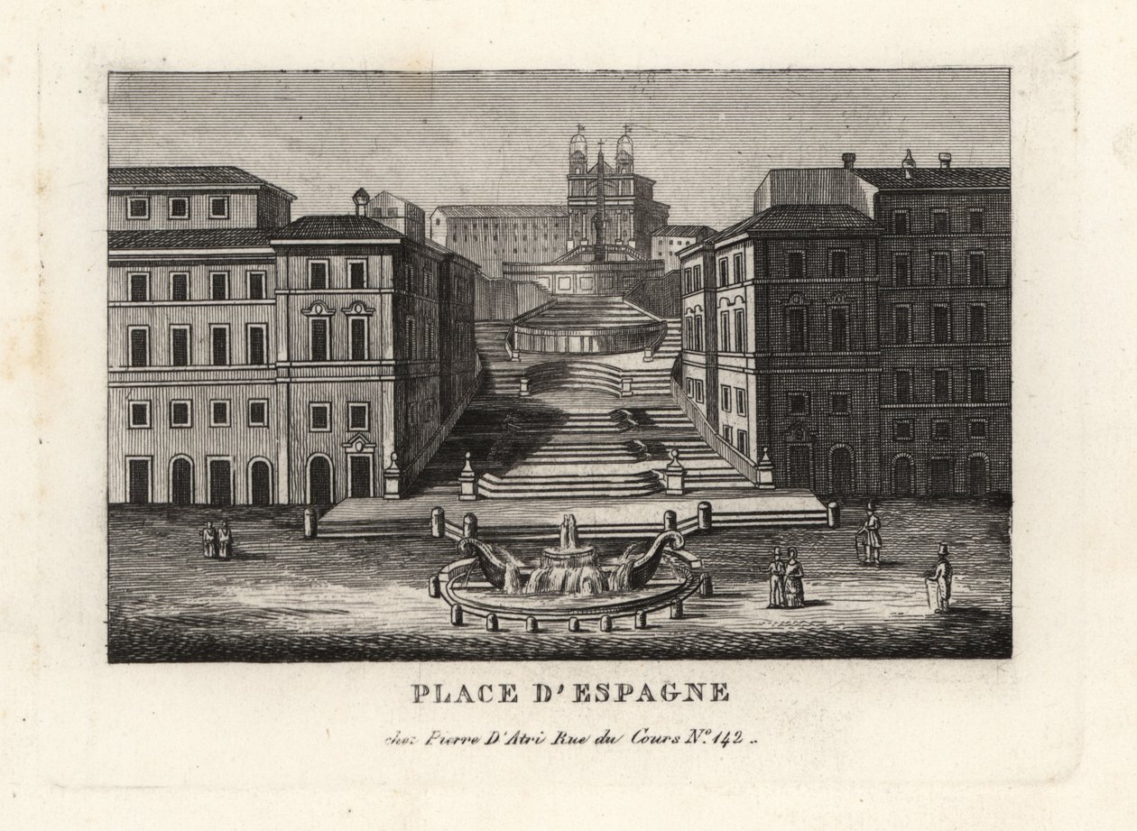 Utsikt över Piazza di Spagna, Fontana della Barcaccia, Båtfontänen och Scalinata di Trinita dei Monti, Spanska trappan, Rom av Unbekannt