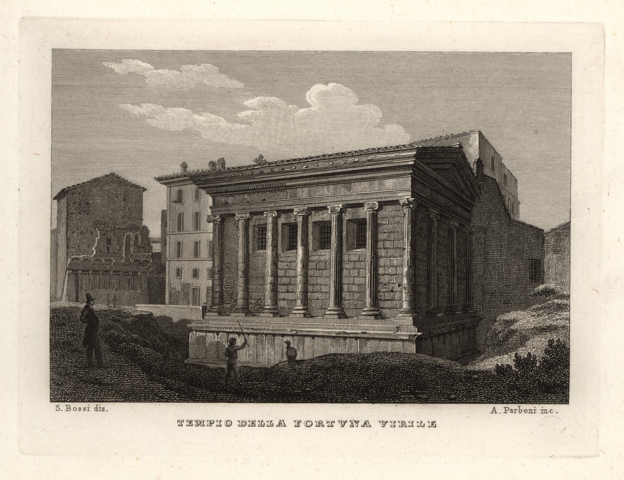 Utsikt över Temple of Portunus, Tempio di Portuno eller Tempio della Fortuna Virile av Unbekannt