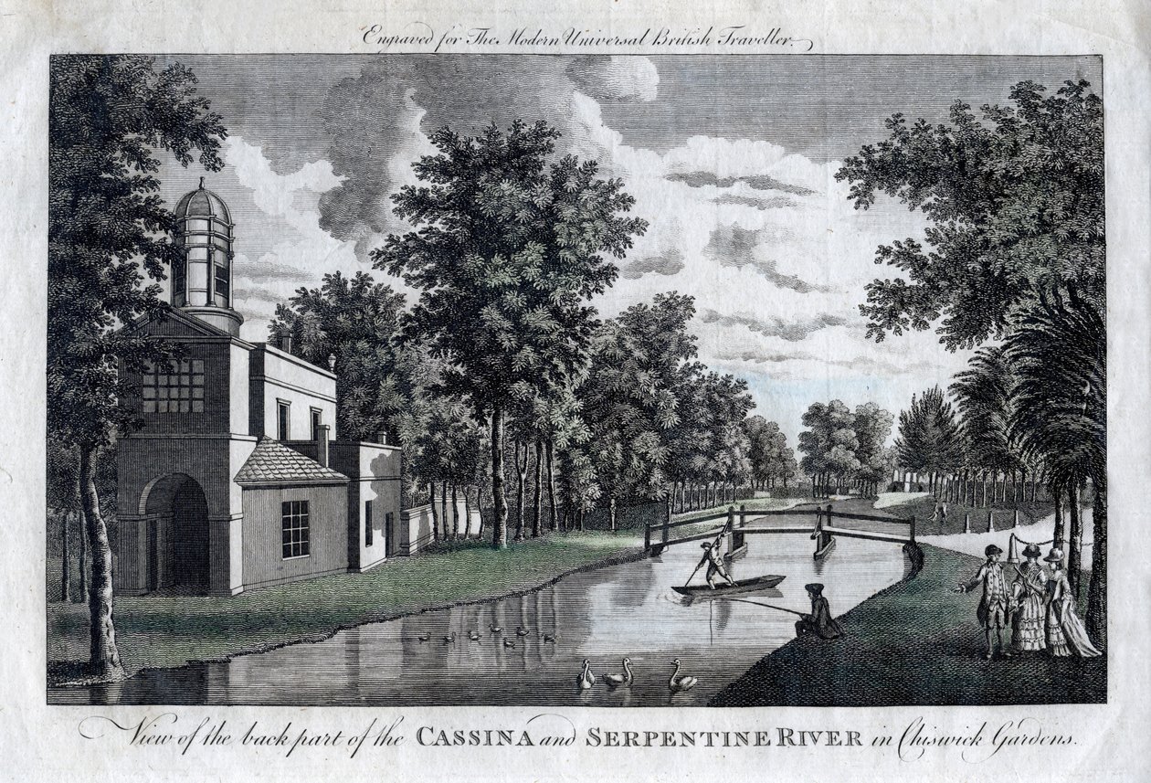 Vy över den bakre delen av Cassina och Serpentine River i Chiswick Gardens, London av Unbekannt