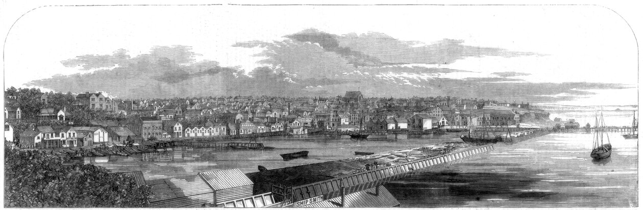 Utsikt över staden Auckland, Nya Zeeland, med den nya kommersiella vallen, 1860 av Unbekannt