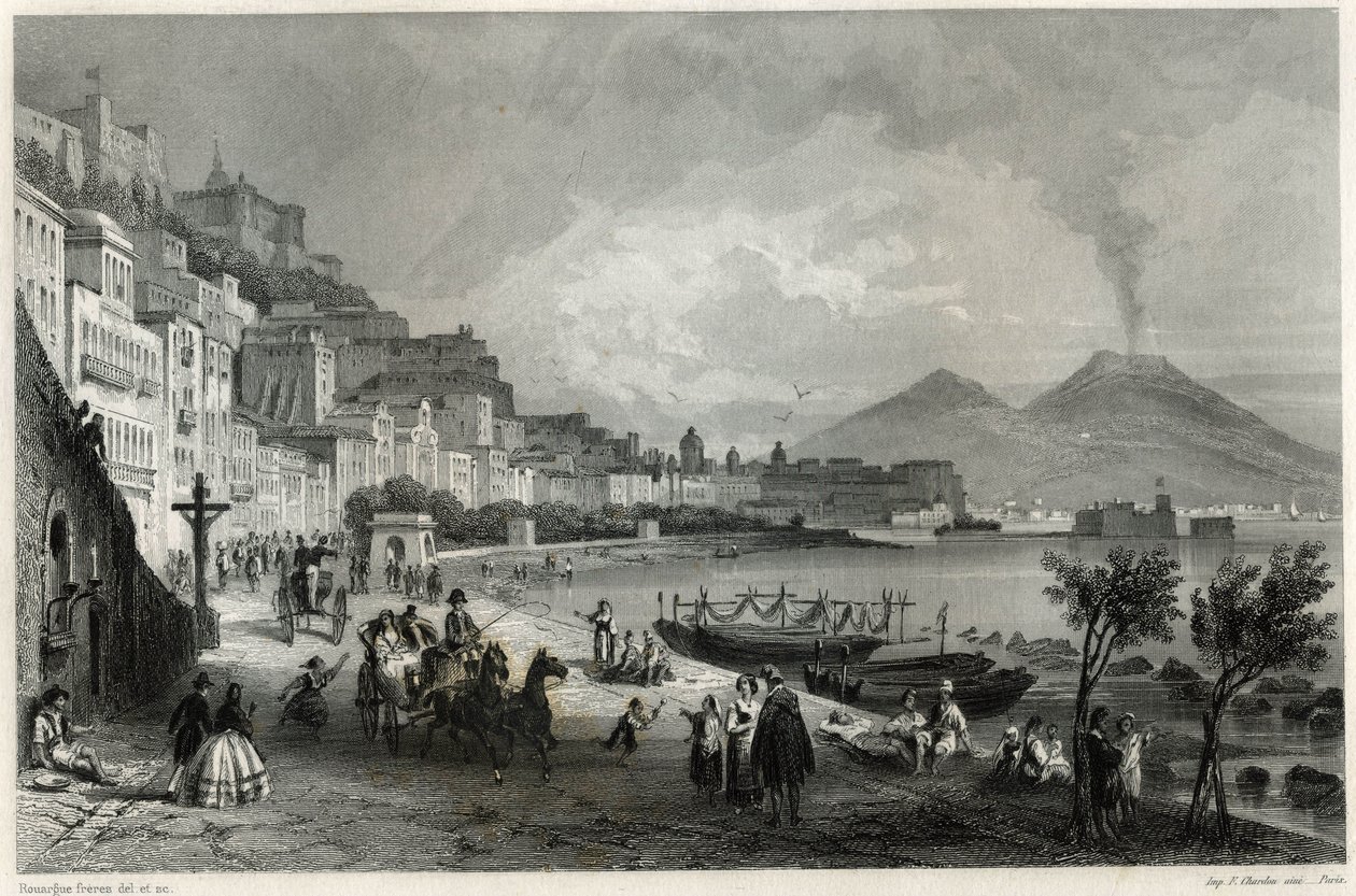 Utsikt över hamnen och staden Neapel på 1800-talet, i boken om Medelhavet av Louis Enault (1824-1900), fransk journalist och resenär. av Unbekannt
