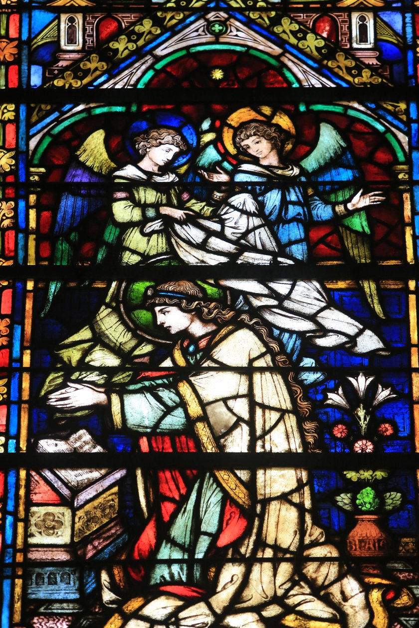 Jungfru Maria. Detaljer. Jungfruns kröning. Fönster i målat glas av Frantz Mayer de Munick 1884. Kapellet i Notre Dame de la Ronde. St. Stephen Cathedral of Metz, Metz, Frankrike av Unbekannt