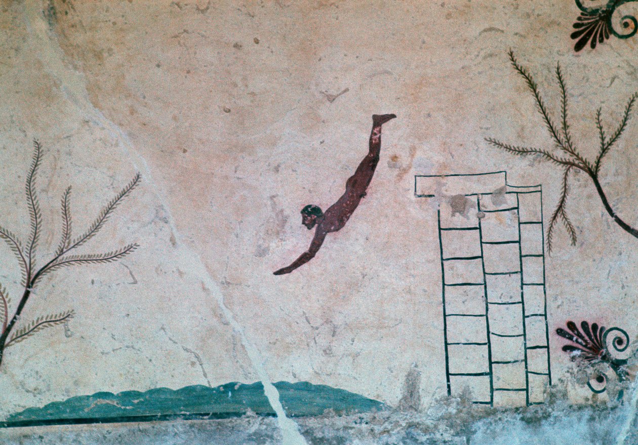 Väggmålning från en grekisk grav i Paestum av en simmare, 800-tal av Unbekannt