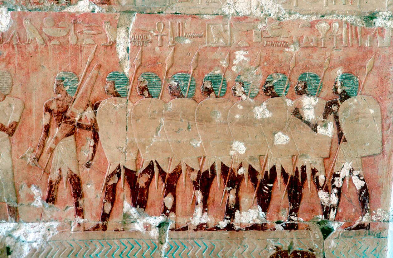 Väggmålning av egyptiska soldater på expeditionen, drottning Hatshepsuts tempel, Luxor, c1470 f.Kr. av Unbekannt