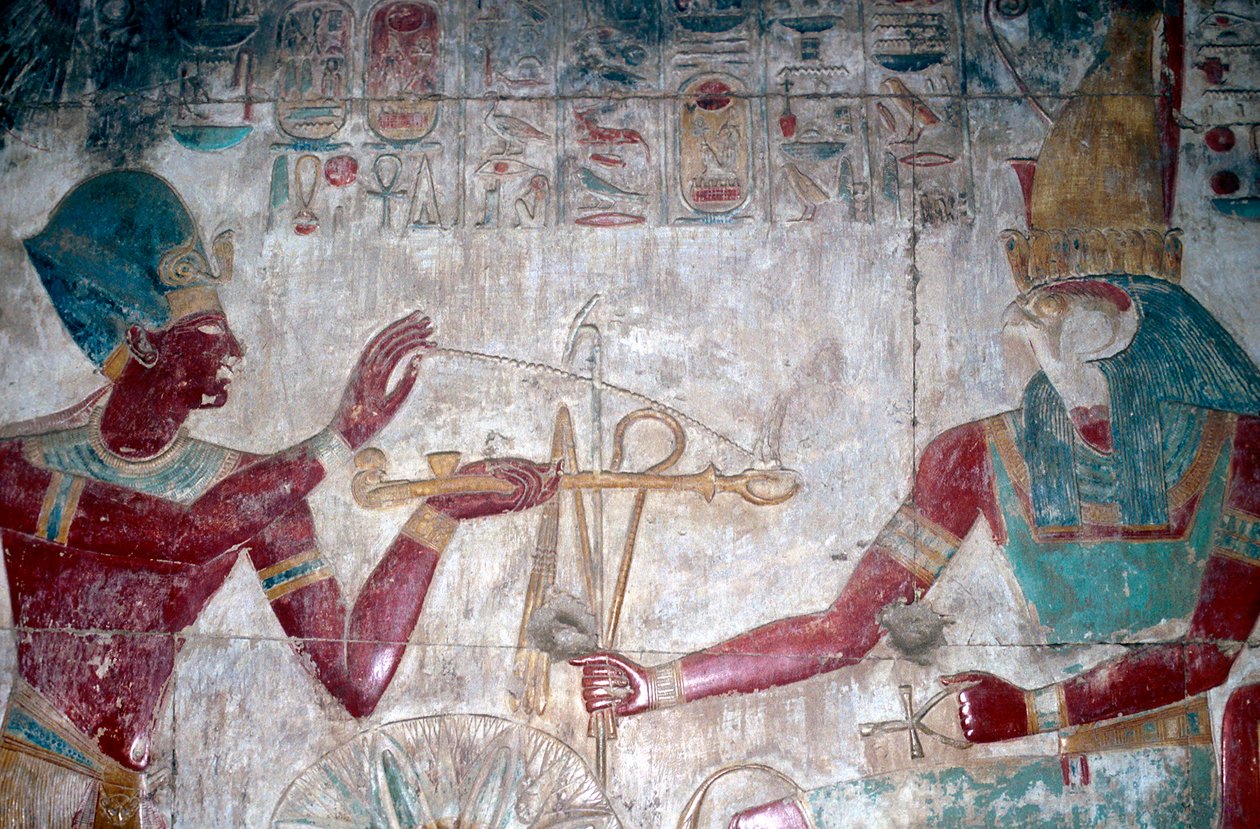 Väggmålningsdetalj av Sethos I före Horus, Sethos I-templet, Abydos, Egypten, c1280 f.Kr. av Unbekannt