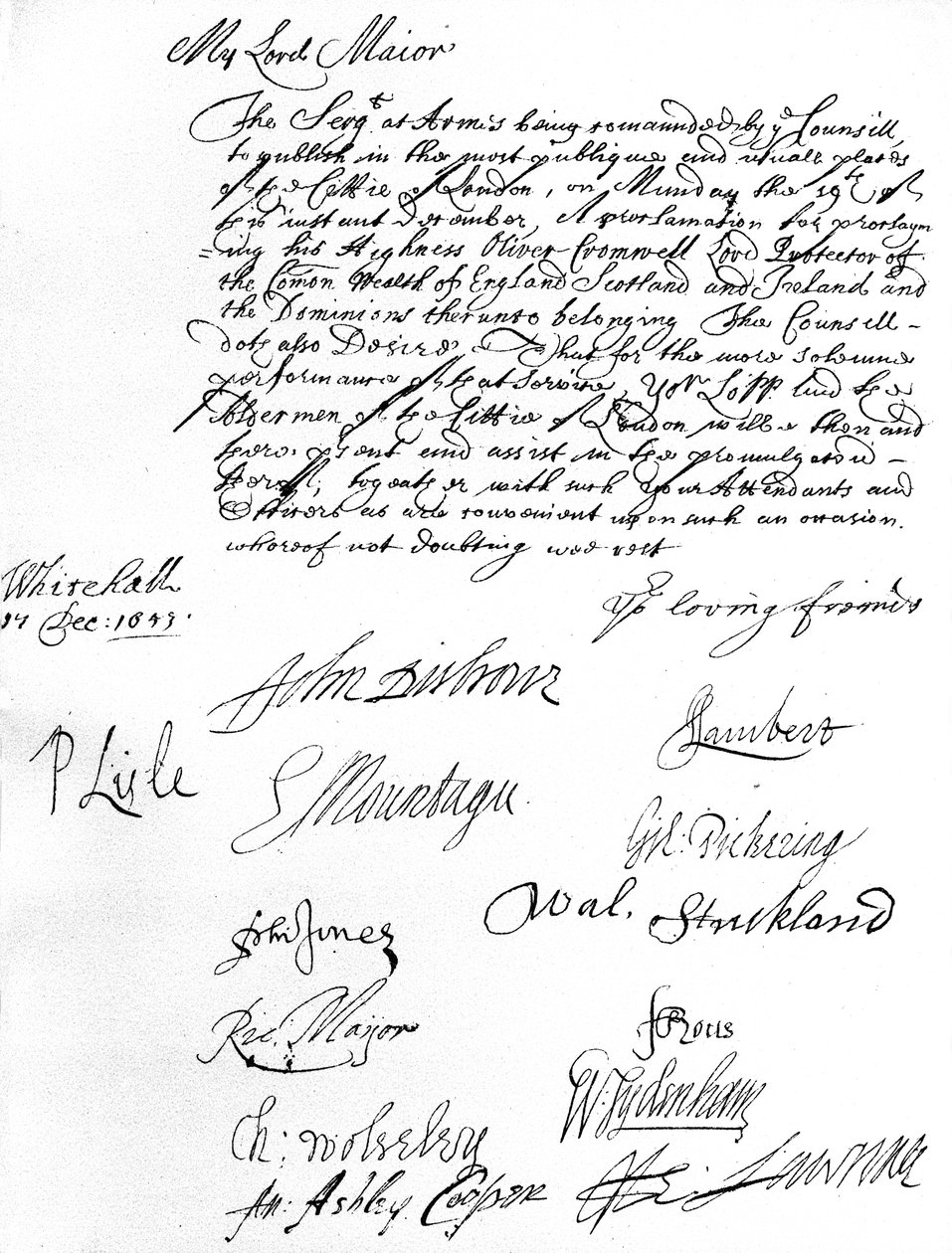 Beslut från Council of State till Lord Mayor of London, som önskar att han och Aldermen ska närvara vid utropandet av Oliver Cromwell som Lord Protector of the Commonwealth of England, Skottland, Irland & Dominions den 19 december av Unbekannt