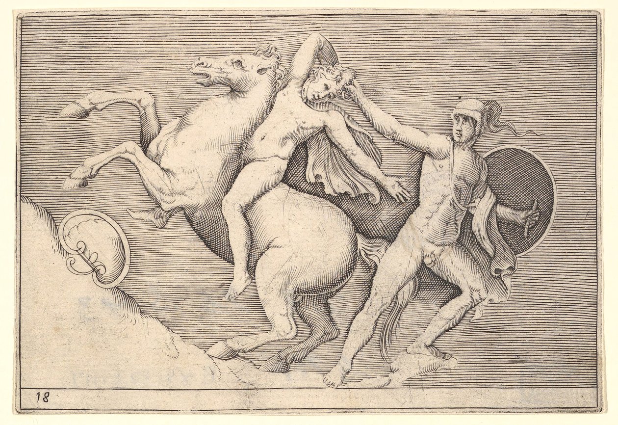 Warrior Pulling a Rider from His Horse, från Ex Antiquis Camus et Ge..., publicerad ca. 1599-1622. av Unbekannt