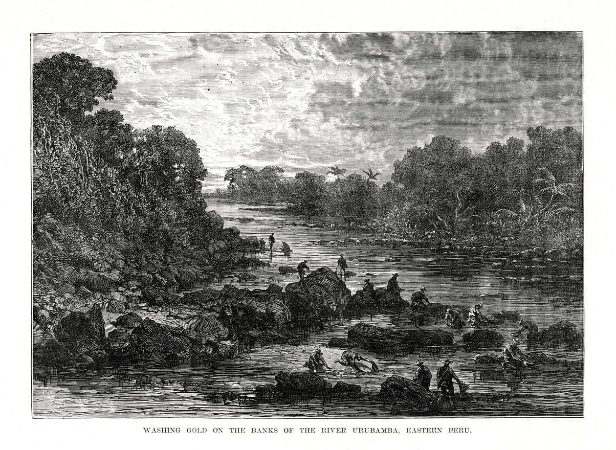 Tvätta guld på stranden av floden Urubamba, Peru, 1877 av Unbekannt