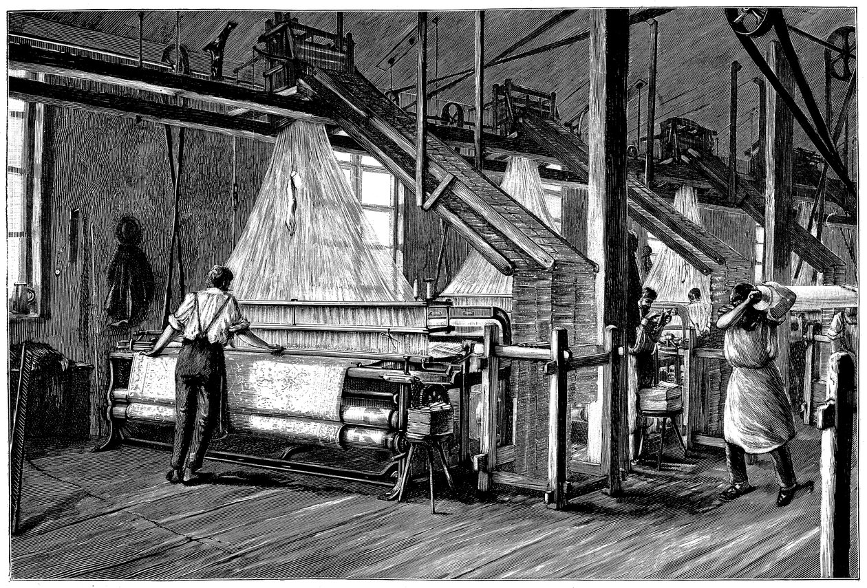 Vävskjul försedd med Jacquard power vävstolar, c1880 av Unbekannt