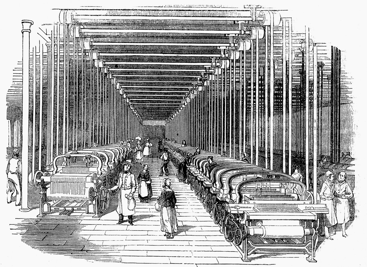 Vävskjul försedd med rader av kraftvävstolar drivna av bälte och skaft, c1840 av Unbekannt