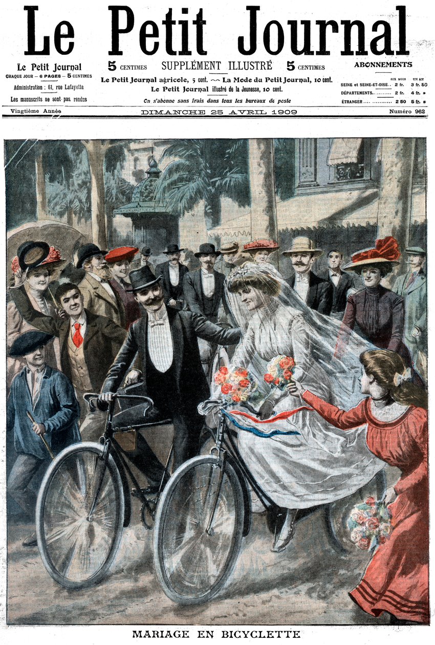 Bröllopsfest på cyklar ledd av bruden och brudgummen, Nice, Frankrike, 1909 av Unbekannt