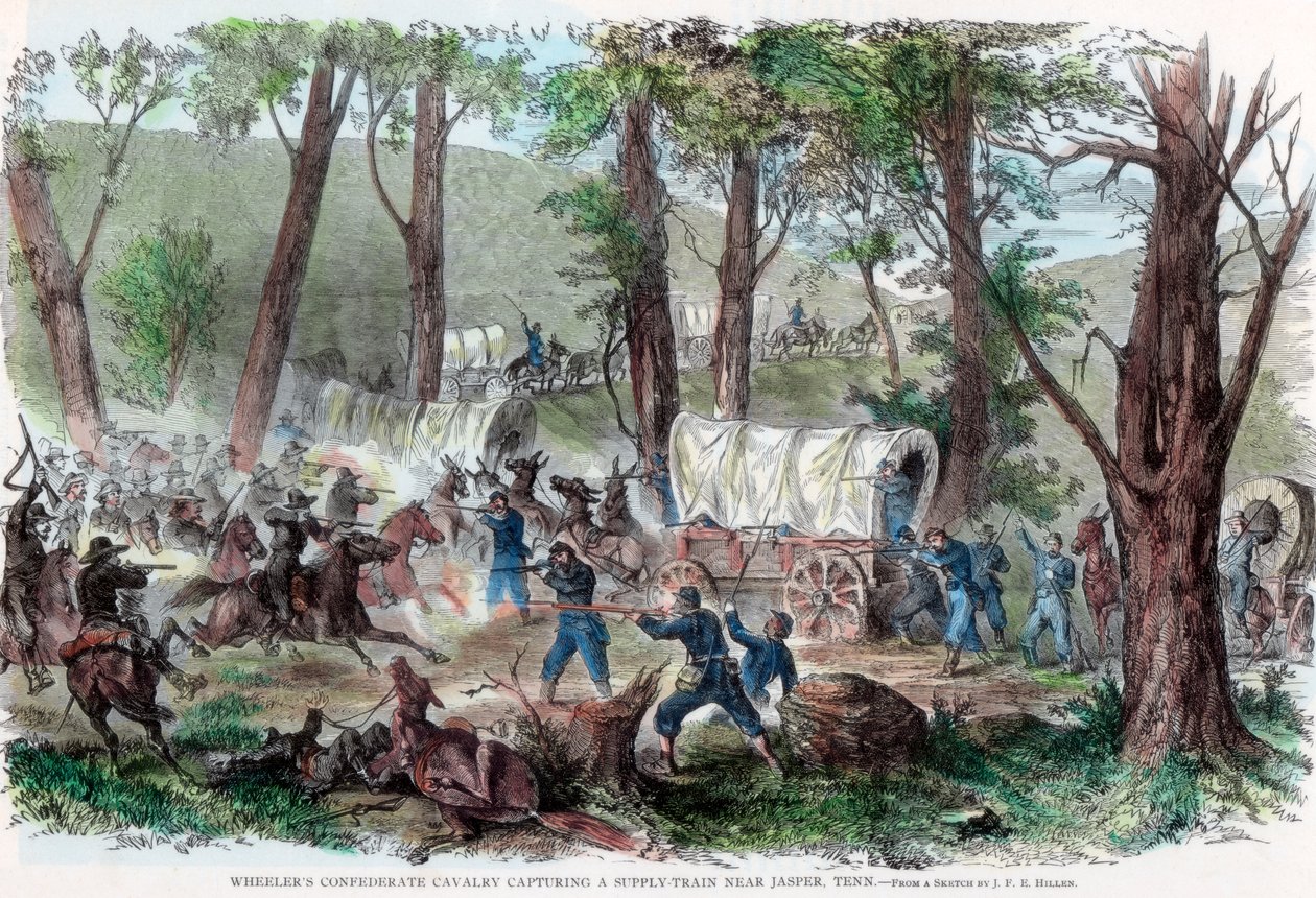 Wheelers konfedererade kavalleri fångar ett förrådståg nära Jasper, Tennessee, c1863 av Unbekannt