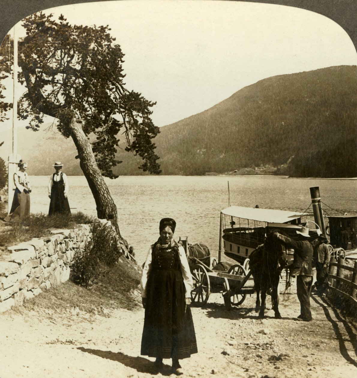 När sjöångaren anlöper Tinoset pir - utsikt över Tinsjo till kullarna, Norge, c1905. av Unbekannt