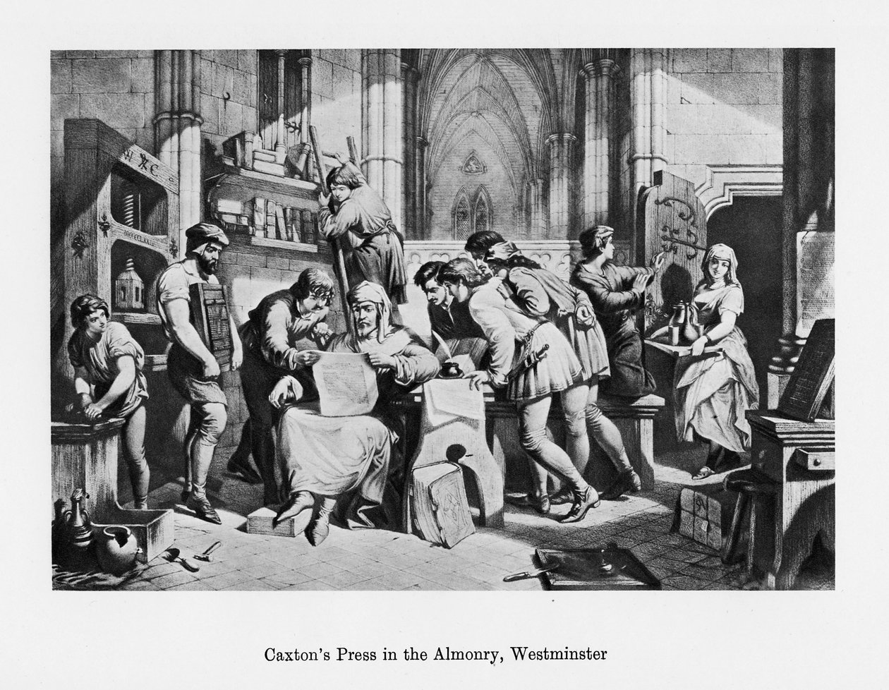 William Caxtons press i Almonry, Westminster, 1400-talet, 1800-talet av Unbekannt