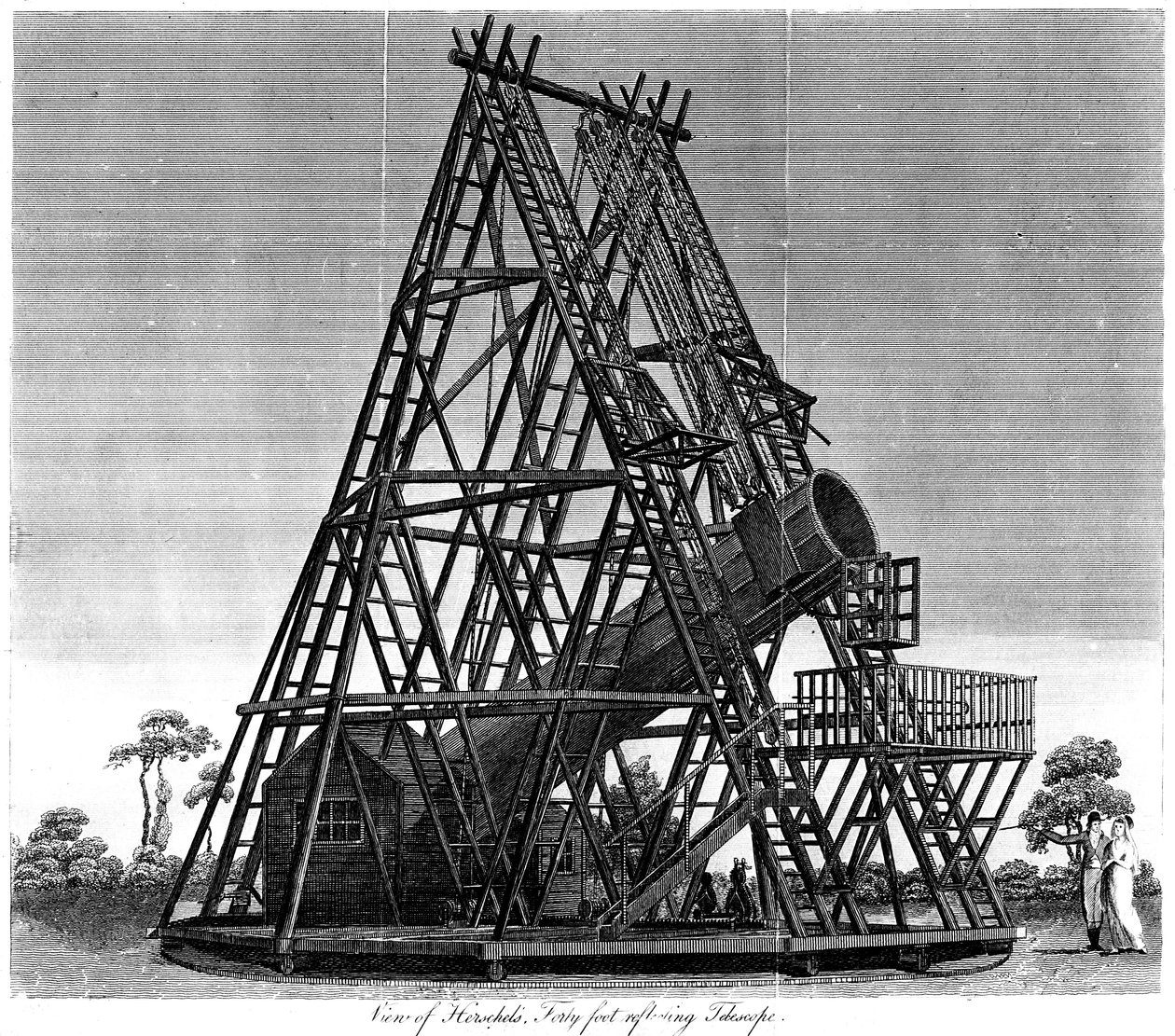 William Herschels reflekterande teleskop med brännvidd på 40 fot, Slough, England, 1809 av Unbekannt
