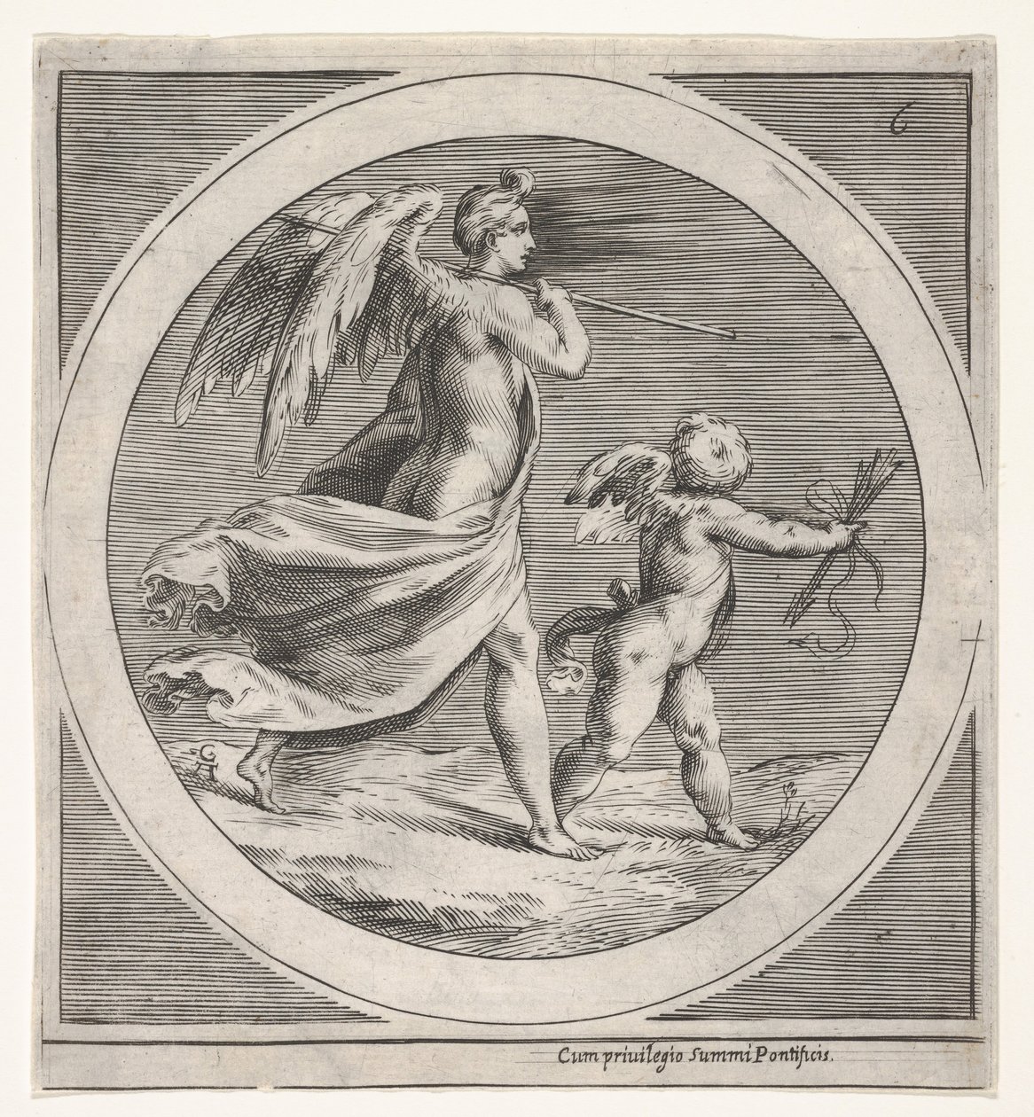 Bevingad kvinnofigur, draperad och bärande en stav, skridande bakom en bevingad putto..., ca. 1550-1600. av Unbekannt