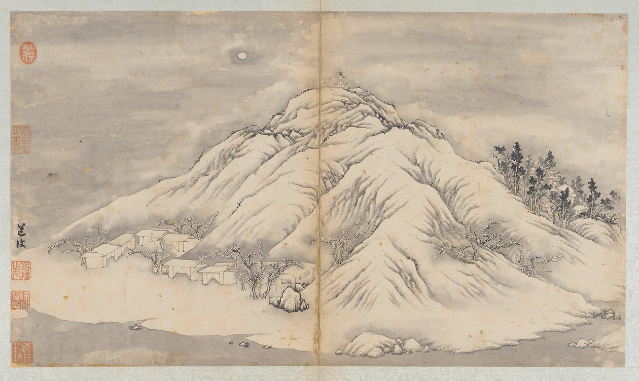 Vinterlandskap: en månbelyst kulle och byggnader, Qingdynastin, 1700-talet. av Unbekannt