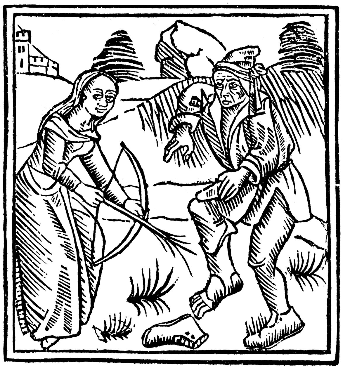 Häxa som skjuter en man i foten med en förtrollad pil gjord av en hasselstav, 1489 av Unbekannt