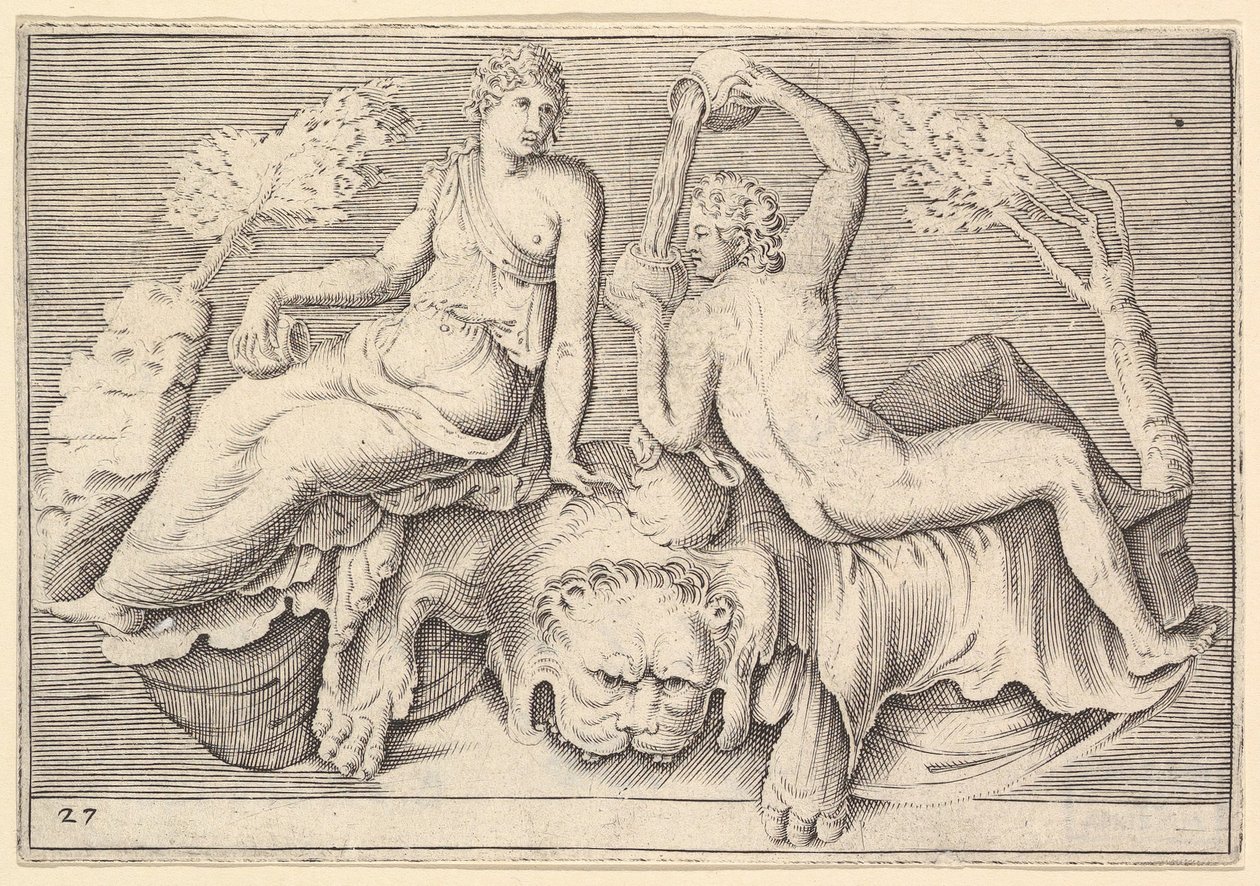 Kvinna och man sittande på lejonskinn, man häller vin, publicerad ca. 1599-1622. av Unbekannt