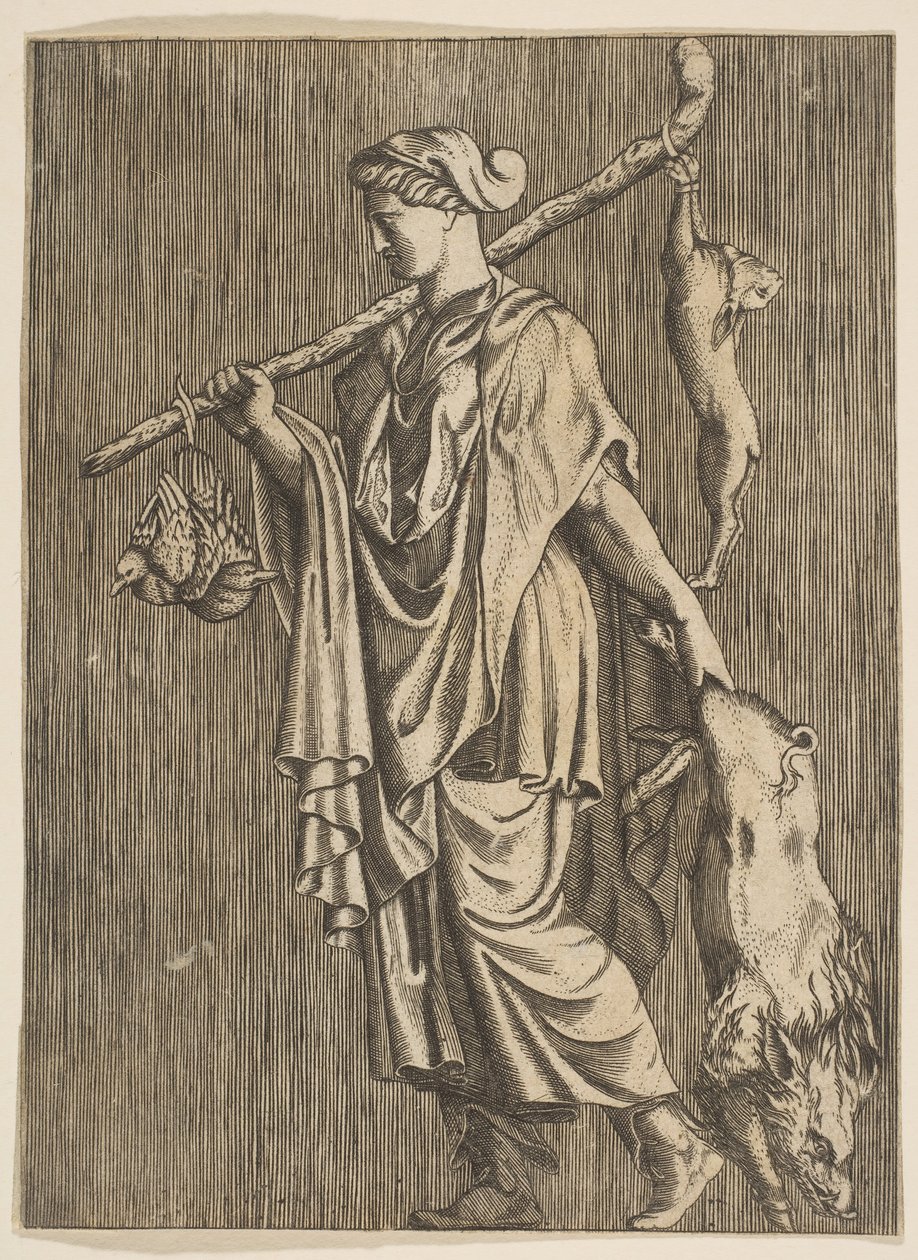 Kvinna som återvänder från en jakt med en galt i sin vänstra hand och en käpp på r..., ca. 1515-1600. av Unbekannt