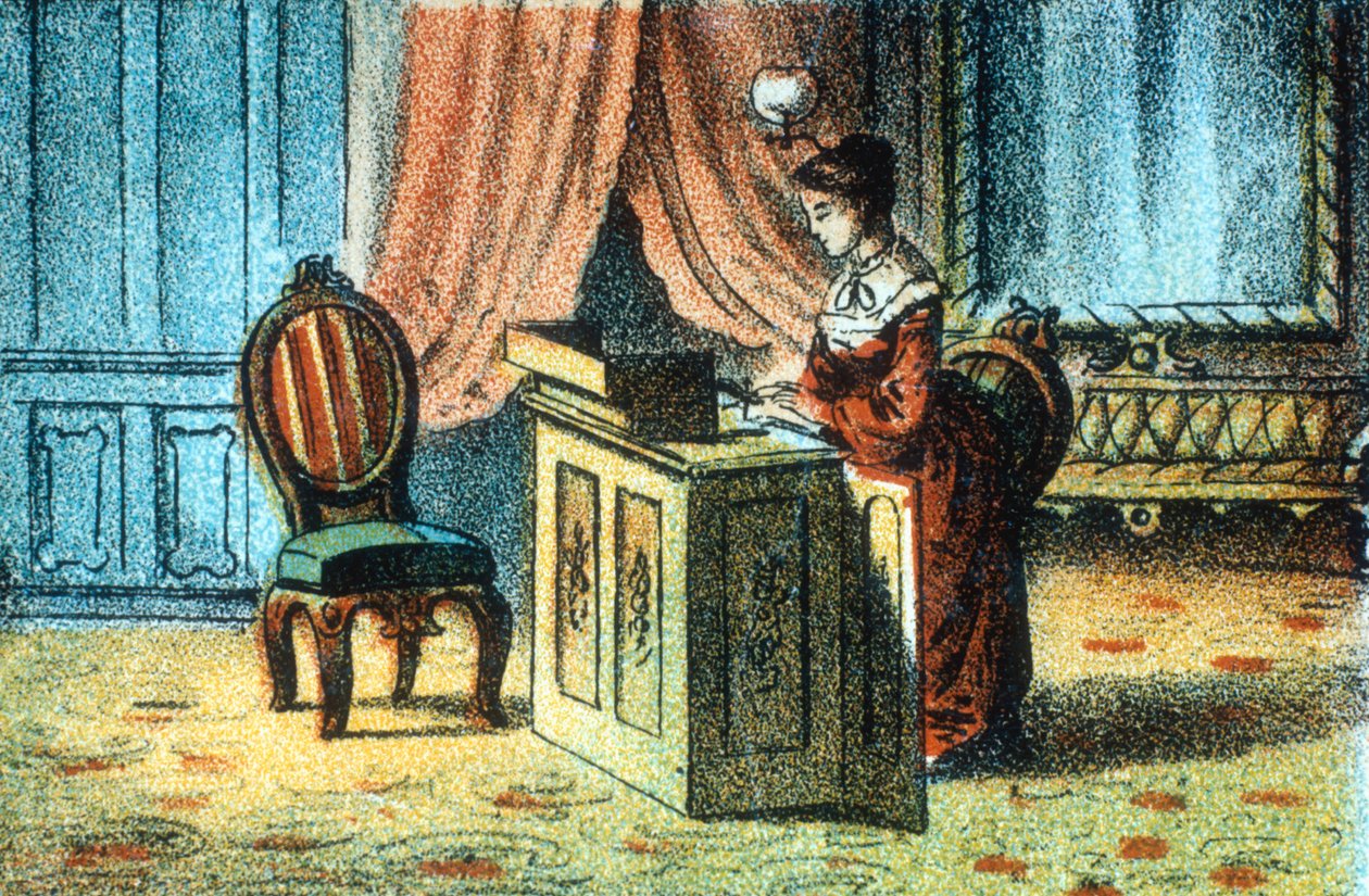 Kvinna som använder symaskin patenterad av Elias Howe [c1878] av Unbekannt